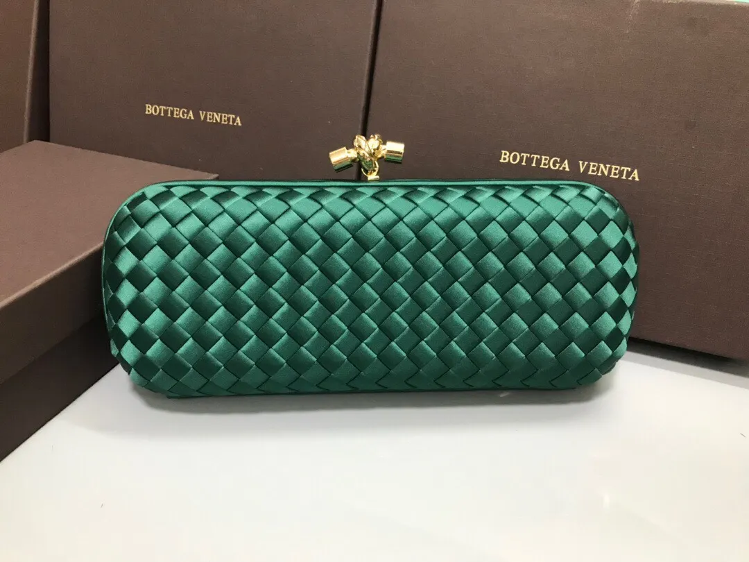 Style No. 8651, upgraded version of full silk evening bag inside and outside~~~INTRECCIATO woven IMPERO STRETCH KNOT clutch bag, hand-woven silk, smooth satin piping, Intrecciato engraved metal buckle, silk satin lining. Large size: 25cm*10cm*5cm